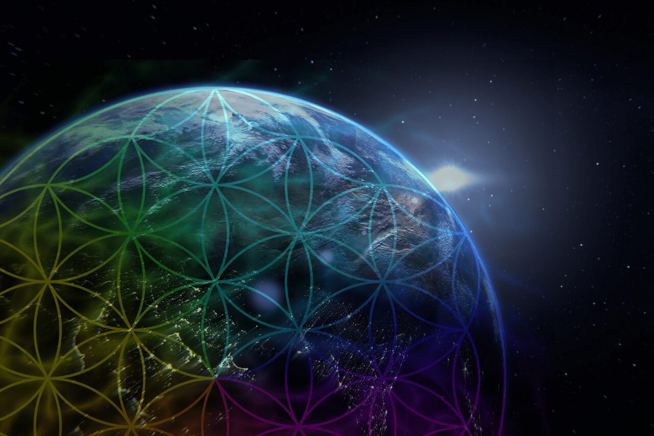 Earth with multicolored geometric pattern overlay